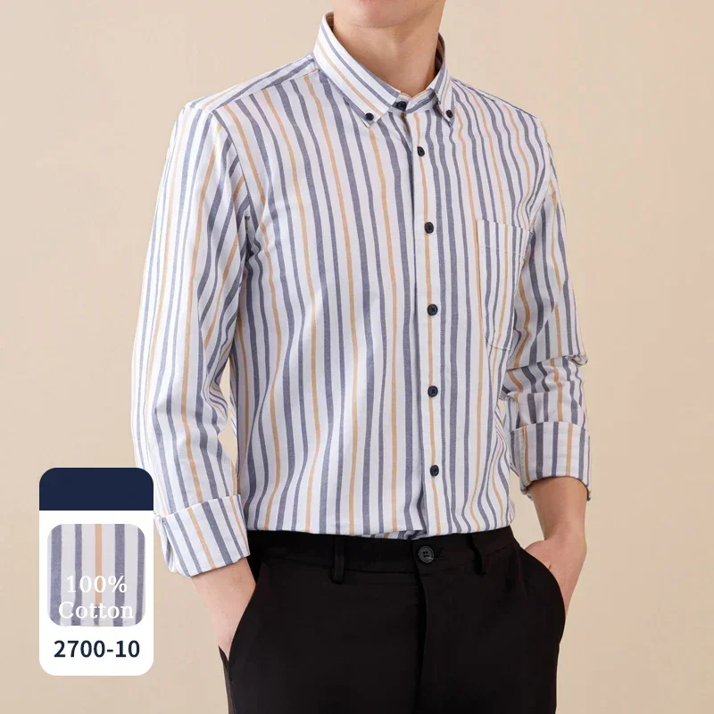 

TFETTERS Brand 2025 Spring Long Sleeve Shirts for Men 100% Cotton Casual Slim-fit Shirts Man Striped Fine Plain Cloth Tops Man