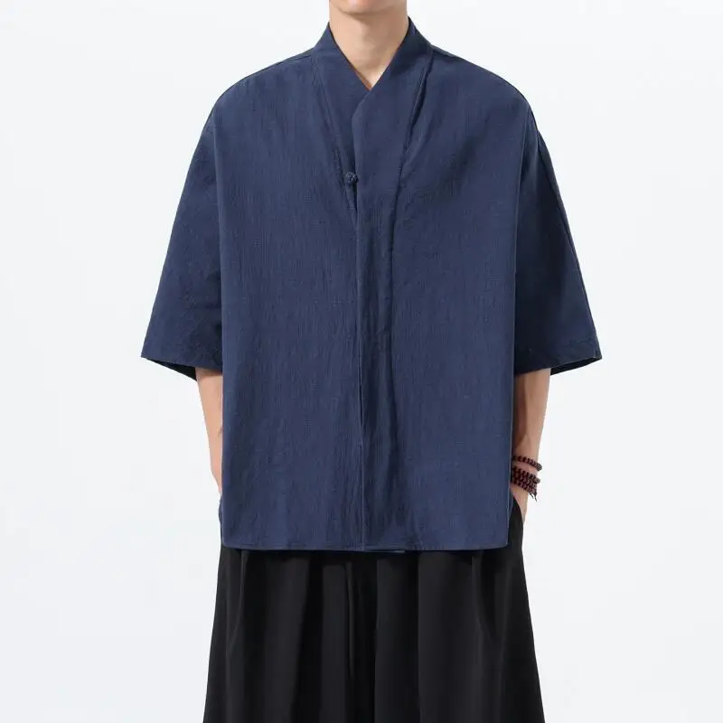 Vintage Chinese Style Men Hanfu Tops Outdoor Tai Chi Practice Outfit Shirt Linen-Cotton Casual Tang Clothes Plus Size 5Xl Blouse