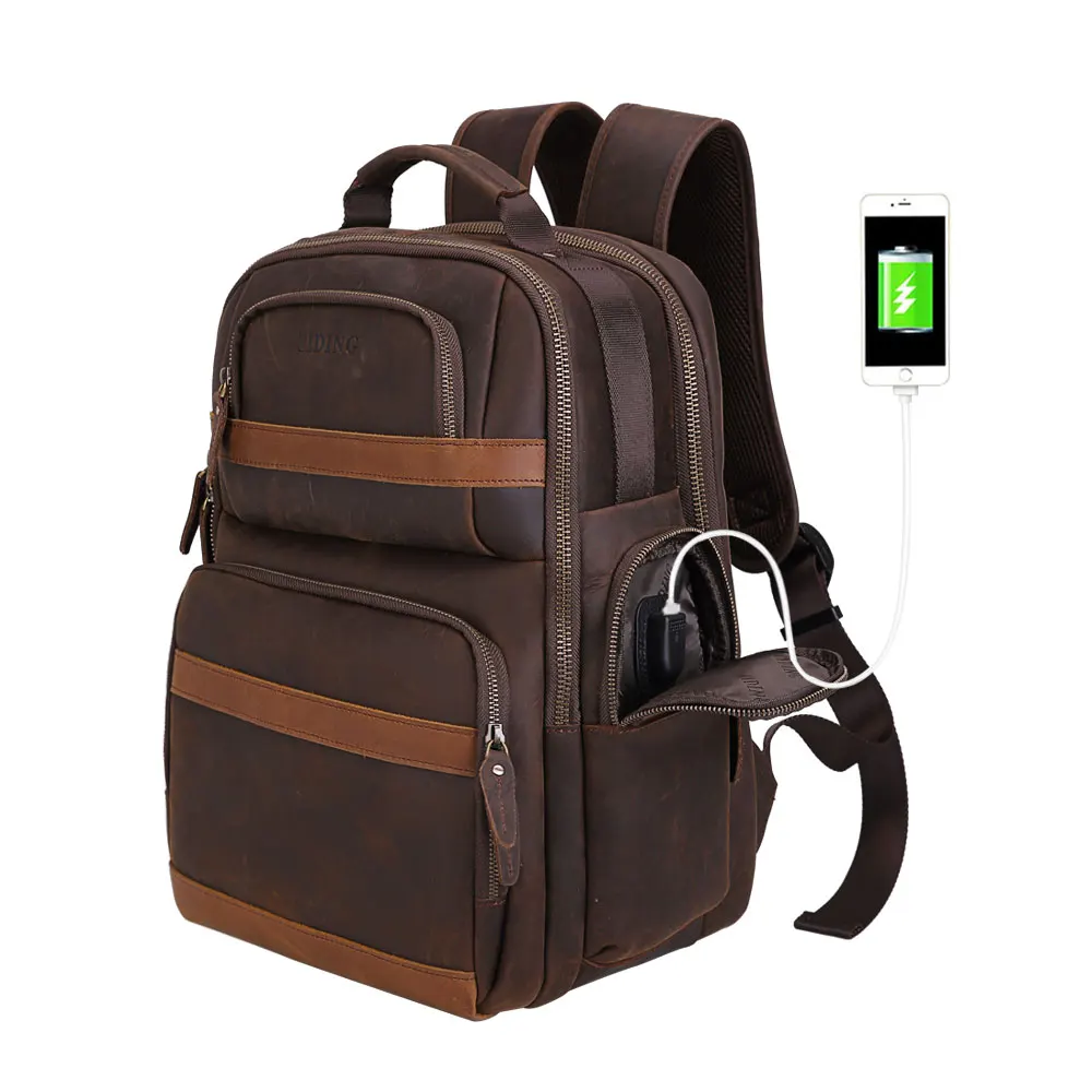 

Tiding 15.6 inch Laptop Backpack Vintage Large Capacity School Daypacks Business Leather Travel Backpack with USB Charging Port