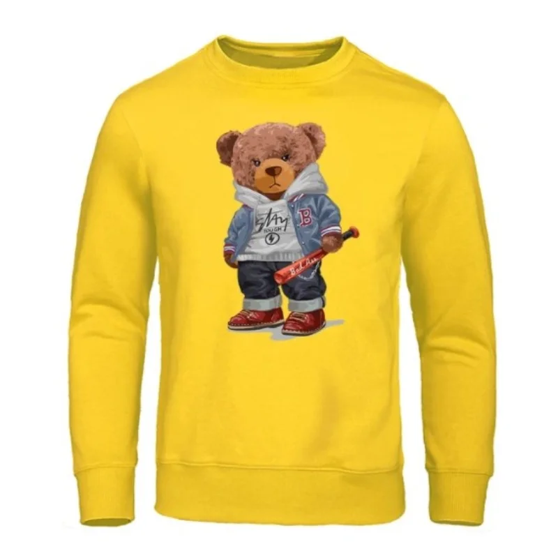 Street Baseball Teddy Bear Boy Hoodie For Mens Funny Warm Sweatshirt Novelty Fleece Streetwears Harajuku Fashion Hoodies Male