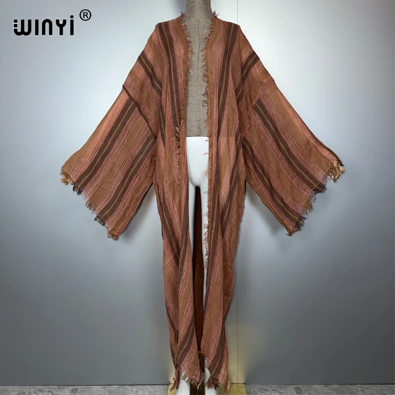 

WINYI полосатое кимоно макси-кардиган пляжная одежда элегантное праздничное платье Абая Дубай роскошный мусульманский женский модный кафтан с открытой передней частью