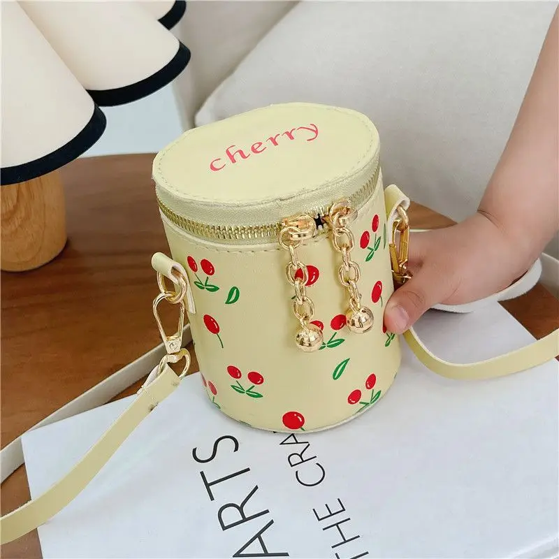 Yellow Red Blue Pink Green Cute Cherry Print Cylinder Crossbody Bag for Kids Girls Small Round Shoulder Purse Chain For Girls