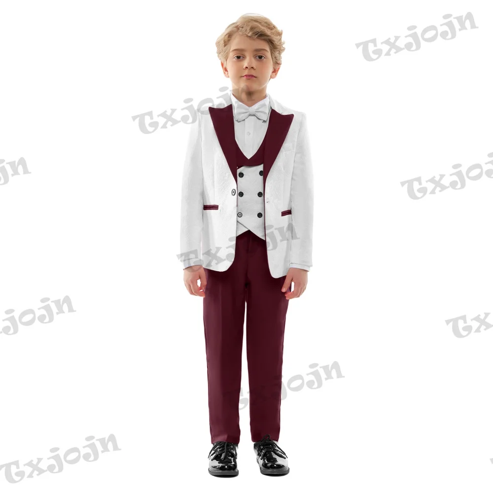 Wine Red Boys Suits Slim Fit For Wedding Prom Classic 4 Pieces Jacket Vest Pants Bow Tie Child Blazer Wedding Ring Bearer Outfit