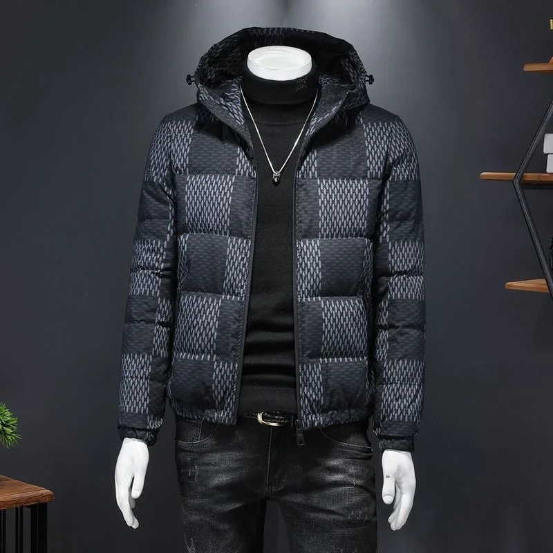 2024 new Hooded Down Jacket Men's Winter Jacket Plaid with Hat 90 White Duck Down Warm Thickened Printed Jacket for men