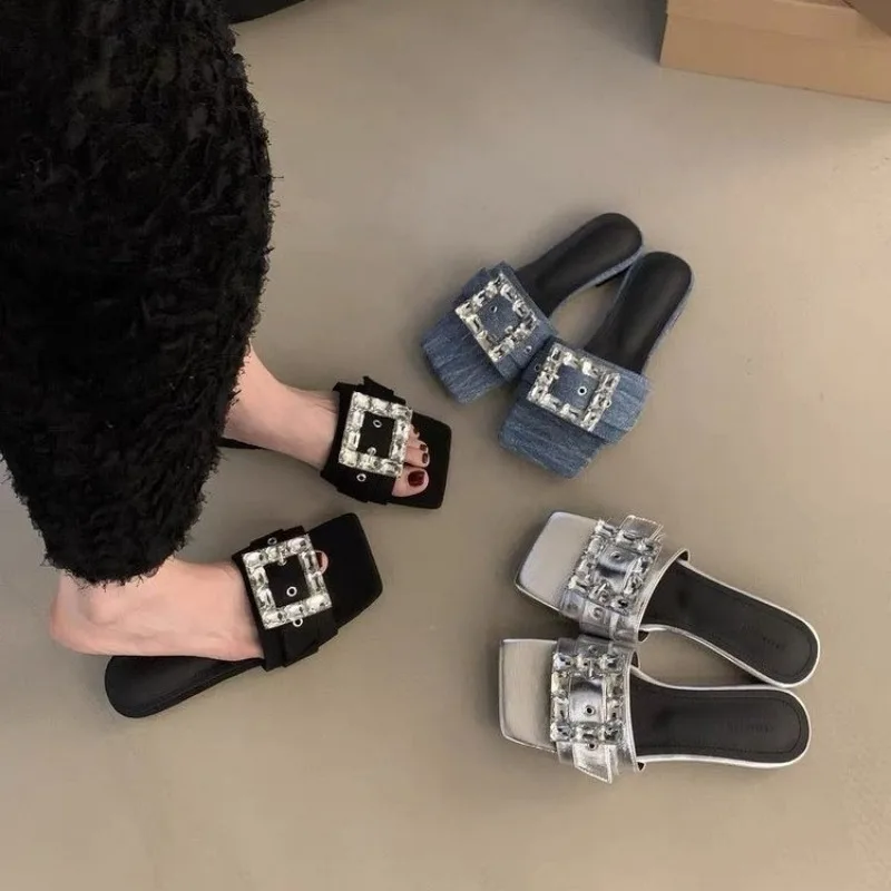 Shoes Slippers Flat Slipers Women Glitter Slides Low Fashion 2024 Jelly Luxury Hoof Heels Crystal Fabric Basic PU Low Flat Shoes