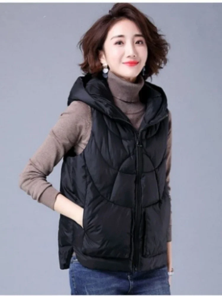 Women's Loose Winter Vest Solid Hooded Zipper Pockets Ladies Cotton Padded Sleeveless Jackets Waistcoat for Female Coat