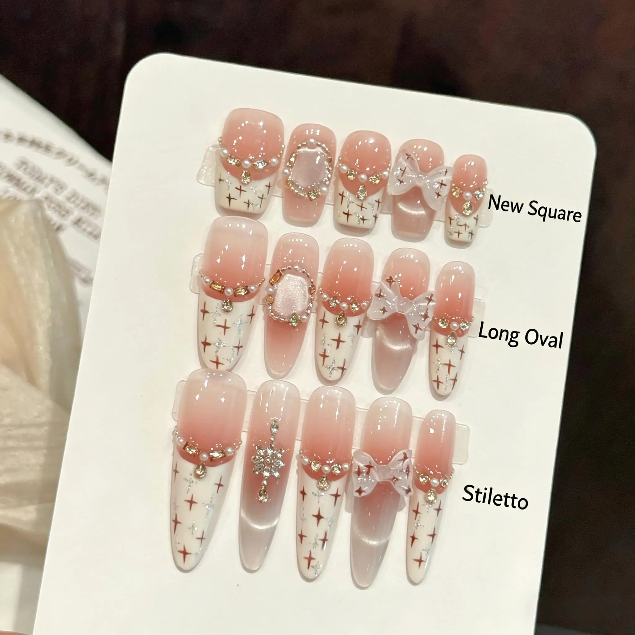 Press On Nails Pink Cat Eye Ballet Mid Length Sweet Bow Design Summer Acrylic Fake Nails For Women