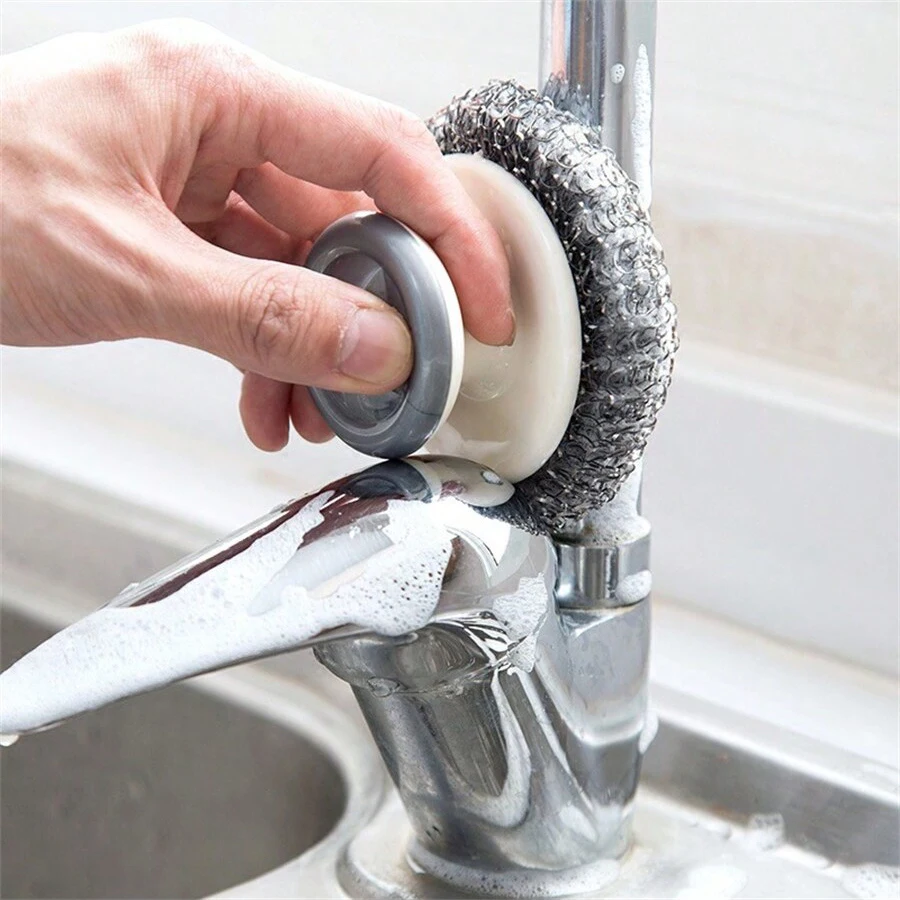 1Pc Stainless Steel Scourers with Plastic Handle Steel Wool Scrubber Pad Kitchen Bathroom Cleaning Brush for Dishes Pots Pans