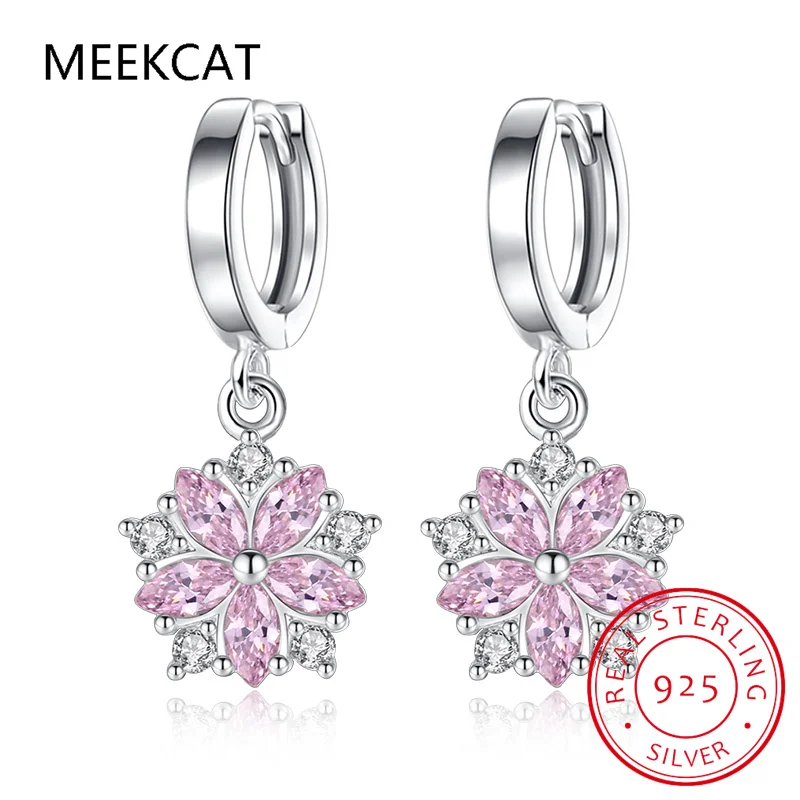 Cute 925 Silver Star Five Pink CZ Flower Huggies Small Hoop Earrings For Womens Children Girls Baby Kids Anti-Allergic Jewelry