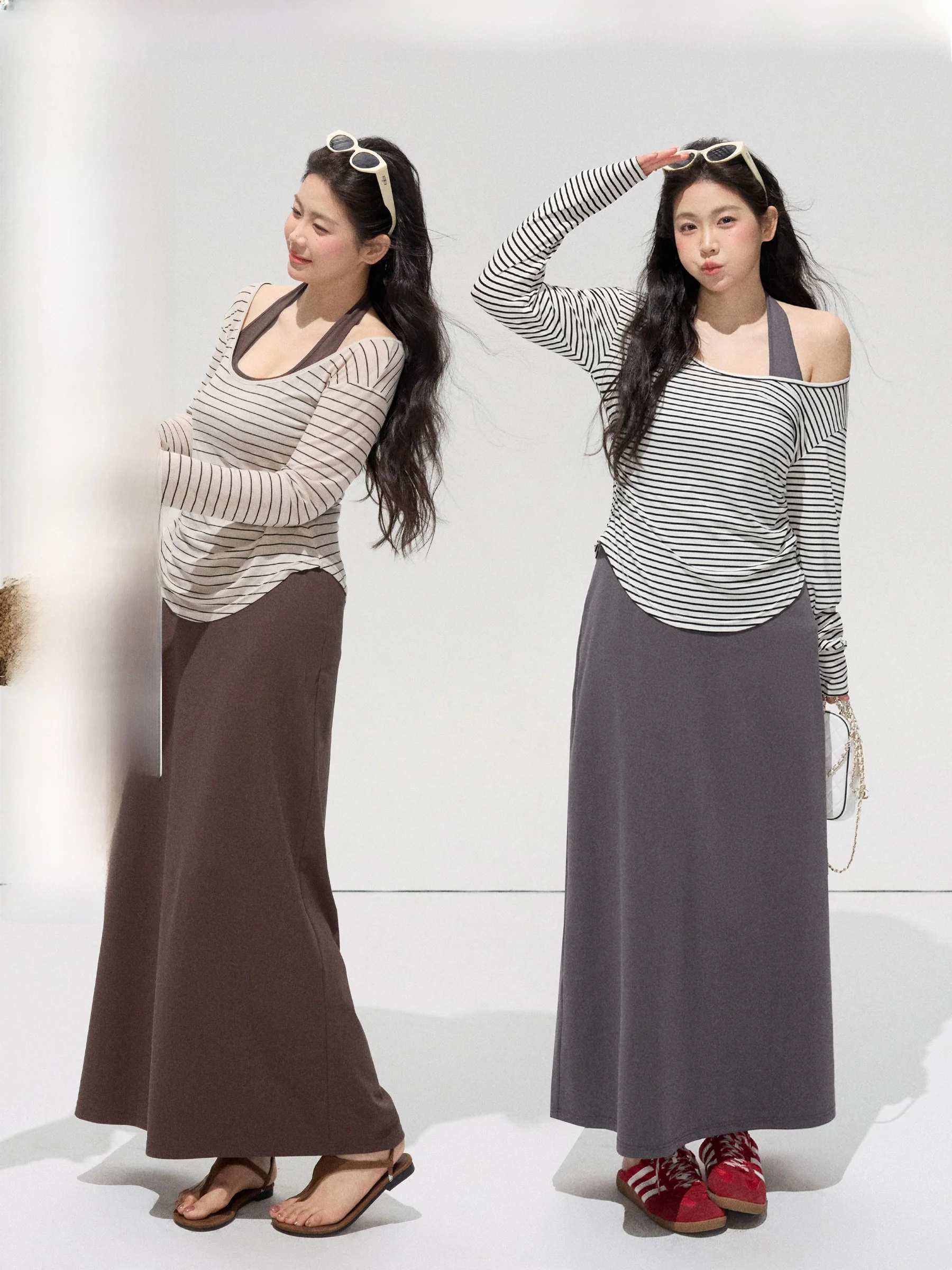 

Jiulu Studio plus Size Striped Long Sleeve Dress Neck Hanging Set Casual Cotton Polyester A-Line Skirt Fashionable Summer Outfit