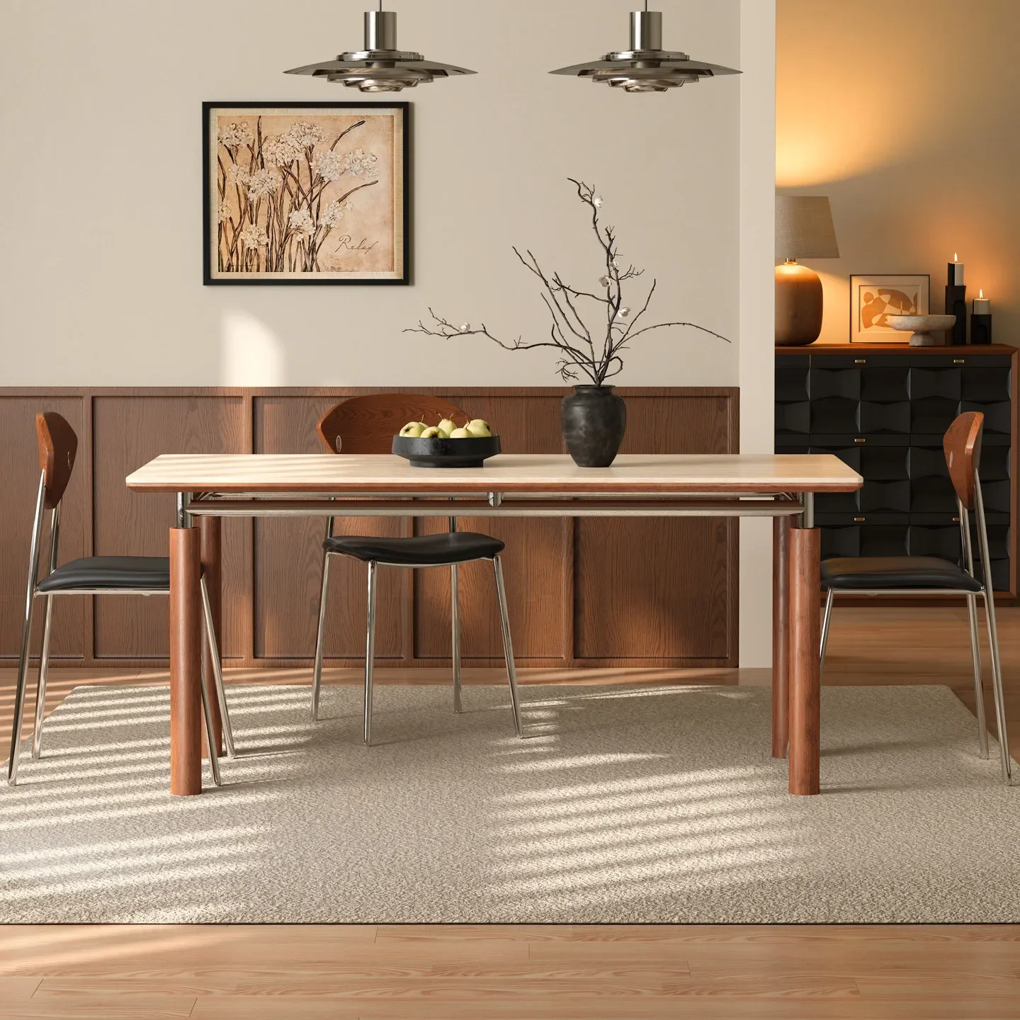 Medieval style dining  and s French retro style stainless steel ash wood small apartment cloud pillar rock slab dining