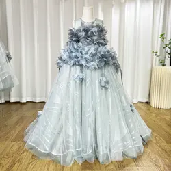 Jill Wish Luxury Gray Kids Girl Dress Handmade Flower Ribbons Princess A-Line Gown for Birthday Wedding Party Honors Day J018