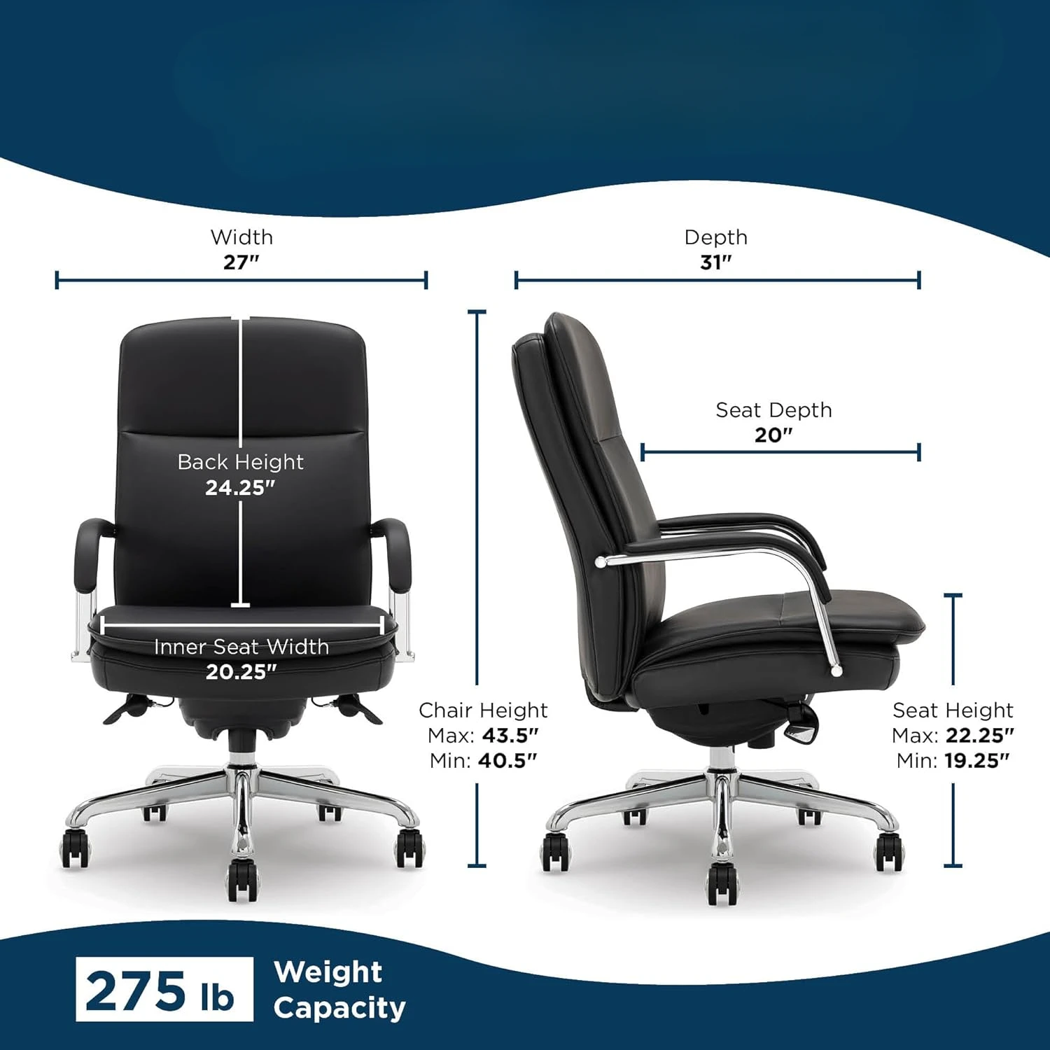 Double-Layer Cushion, Padded Arms, Ergonomic Computer Desk Chair, Swivel Metal Base, Bonded Leather, Black and Chrome