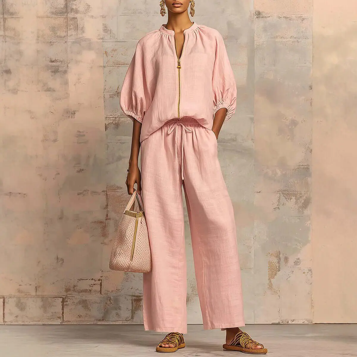 

Casual Zipper O Neck Half-sleeved Tops Suit Summer Elastic Lace Up Loose Wide-leg Trousers 2-piece Set Women's Matching Set