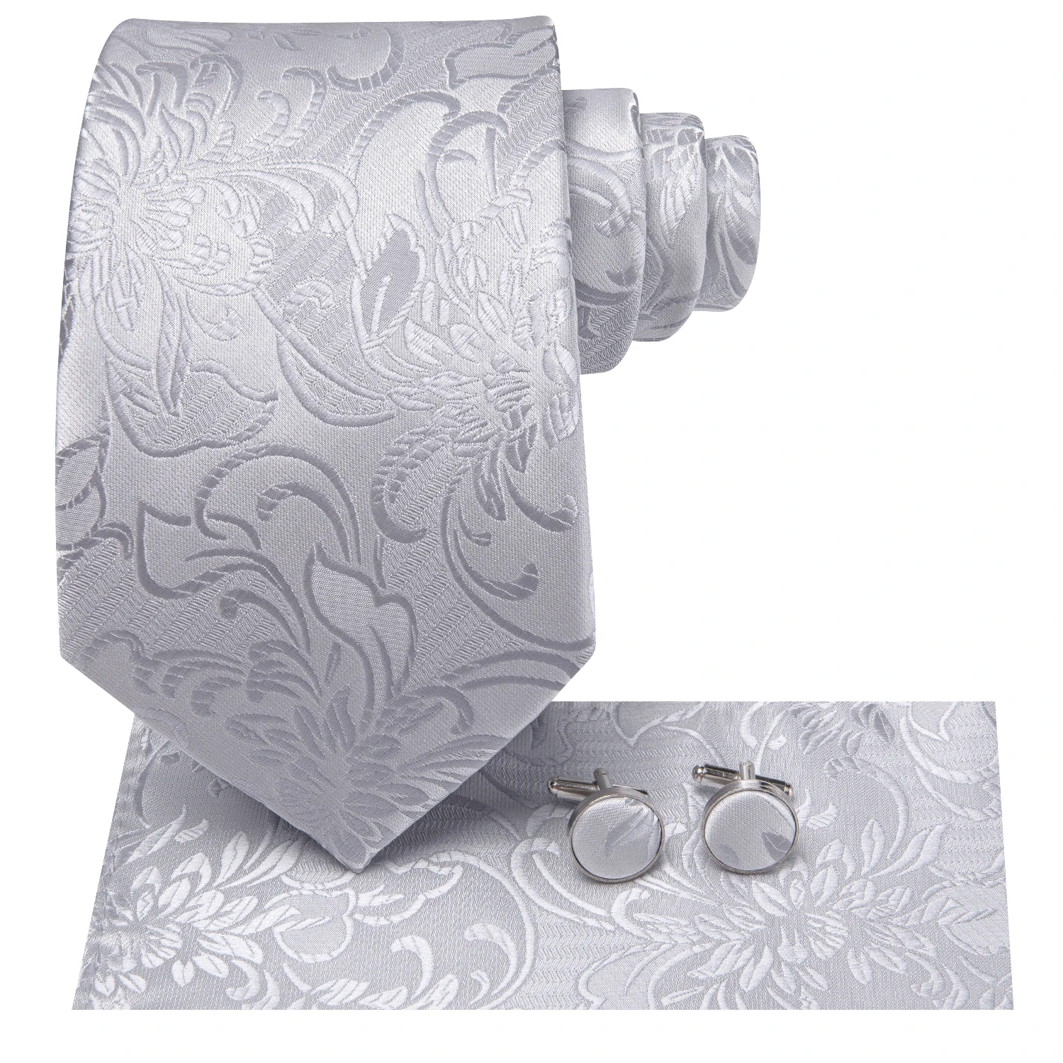 Hi-Tie Business Silver Floral Men Tie 8.5cm Jacquard Necktie Accessorie Daily Wear Cravat Wedding Party Hanky Cufflink Wholesale