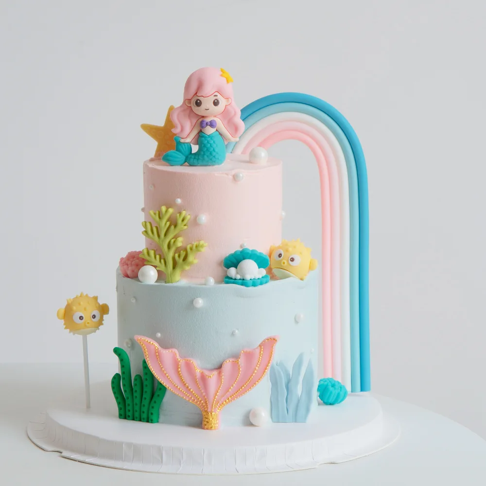 Mermaid Design Cake Topper Rainbow Tail Shell Castle Starfish Fits Girl Themed Birthday Baby Party Cake Desktop Ornament Layout view 5