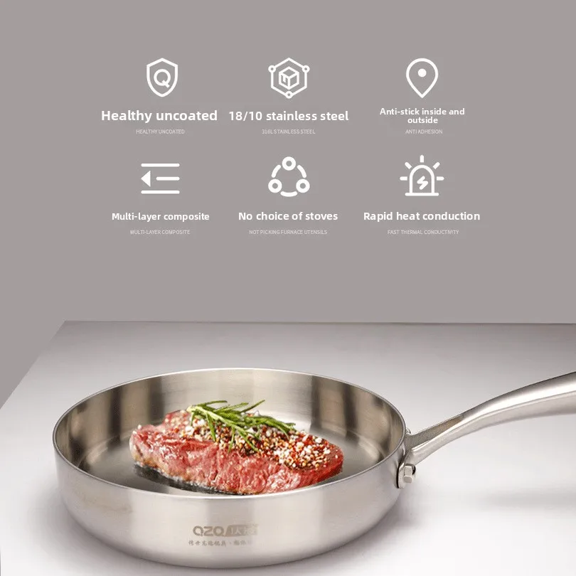 

Three layer stainless steel frying pan high-end thickened household exquisite small pan flat steak stir fry pan