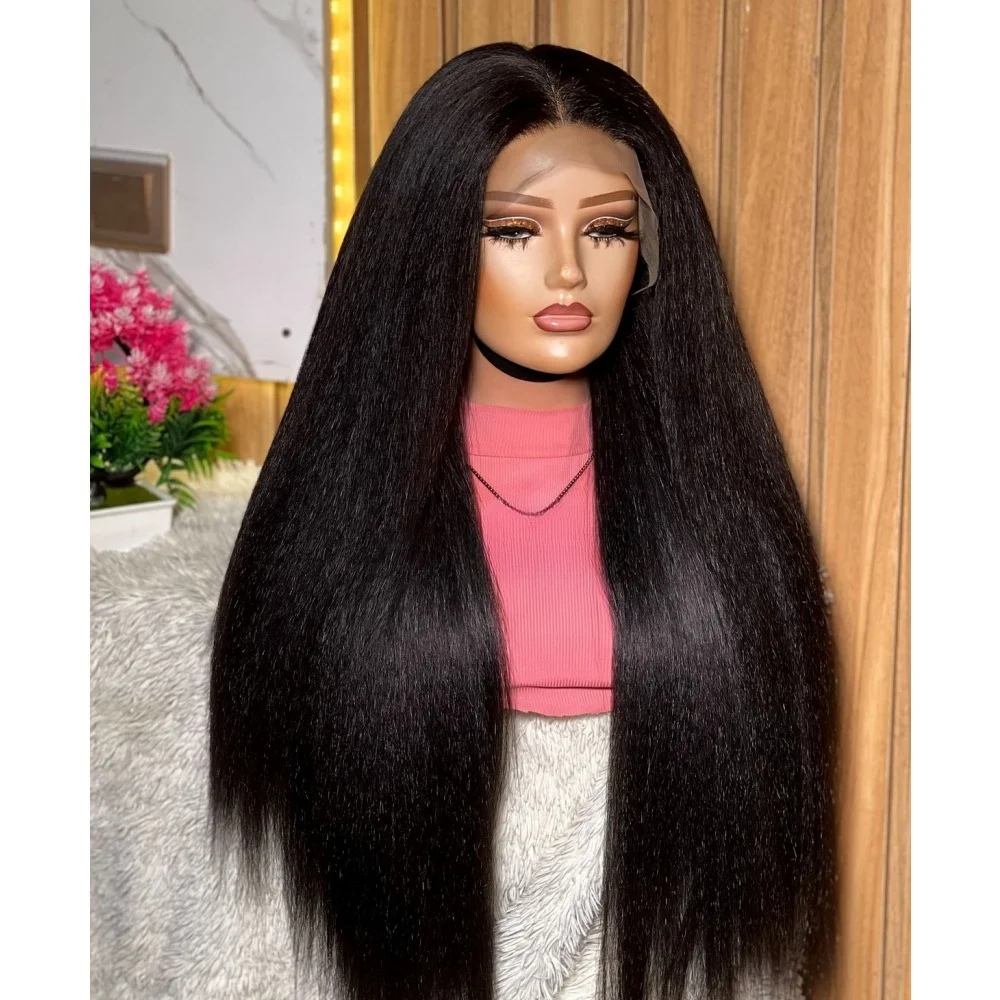 أسود ياكي ناعم 26 "طويل اللون غريب مستقيم 180 الكثافة 13x4 الدانتيل شعر مستعار أمامي الاصطناعية للنساء ارتفاع درجة الحرارة غلويليس يوميا #3