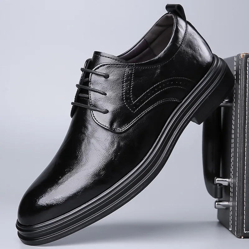 Fashion Decent Men's Formal Dress Shoes Business Leather Shoes Fall Spring 2026 Black Square Heel Shoes for Office Wedding Dad