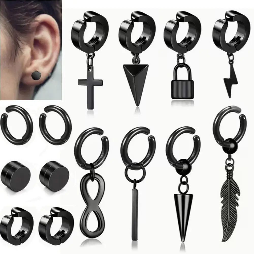 1/2/14Pcs Set Punk Clip On Hoop Earrings For Men Women Stainless Steel Non Piercing Magnetic Dangle Earring Black Hoop Jewelry view 5