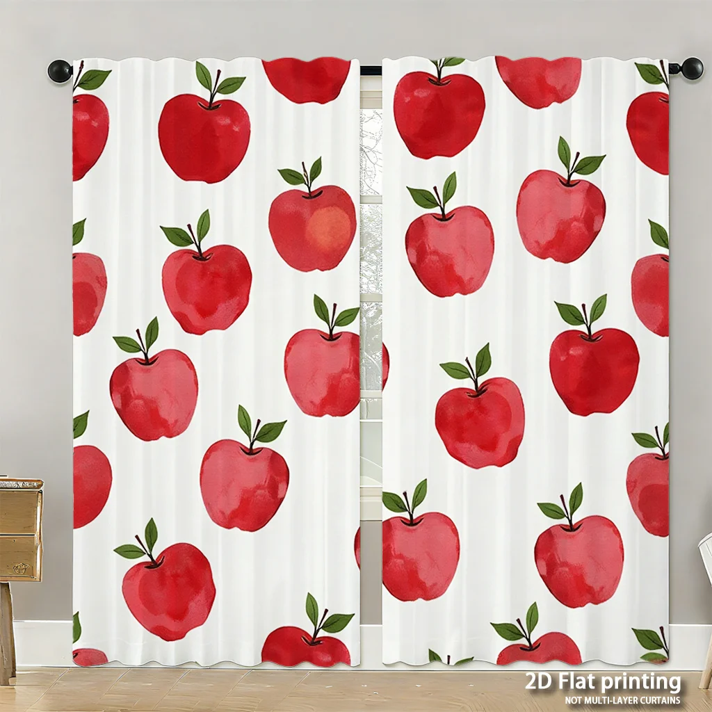2pc Red Apple Curtains - with Green Leaves for Living Room, Bedroom, Living Room - Machine Washable Polyester