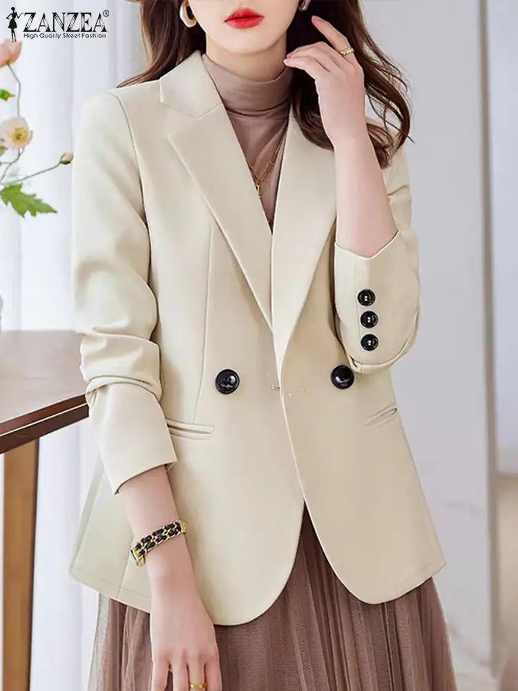 ZANZEA Women Long Sleeve Blazer 2024 Autumn Elegant Lapel Collar Coat Formal Solid Collect Waist Outwear Korean Work Thin Suits