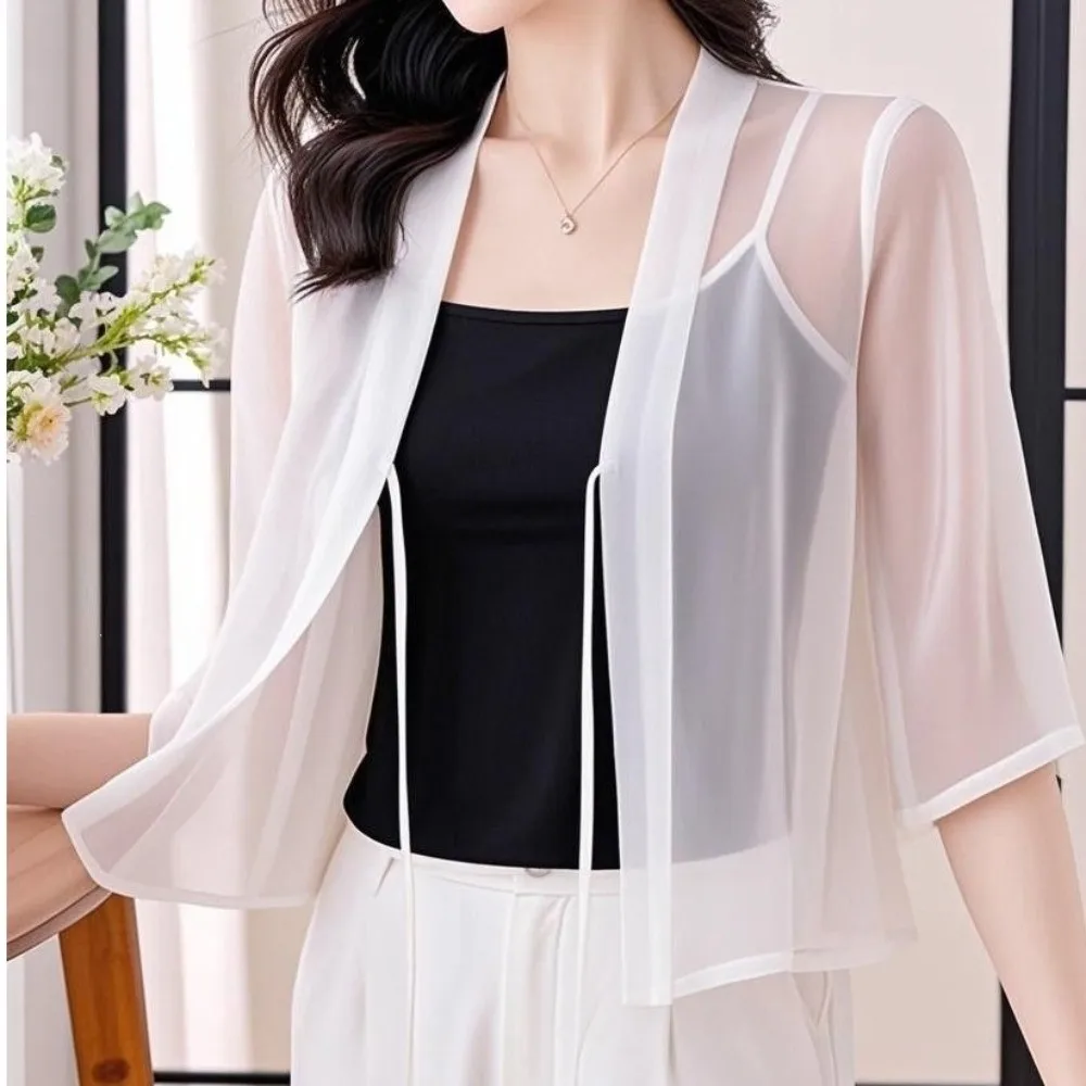 New Half Sleeve Chiffon Cardigan Lightweight Sun Protection Shawl Cardigan Breathable V-Neck Outerwear Top Outdoor Wear