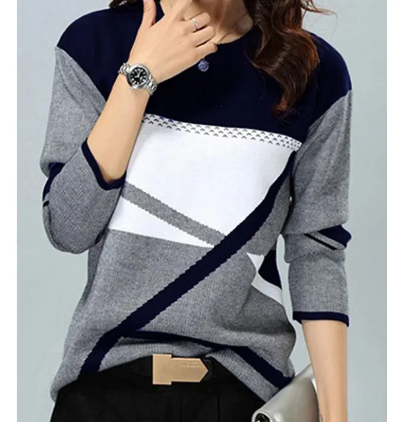 Pop Women Winter Blouses T Shirt Geometric Contrast Long Full Sleeve Print Loose Women Shirts Spring Autumn Elegant Lady Tops