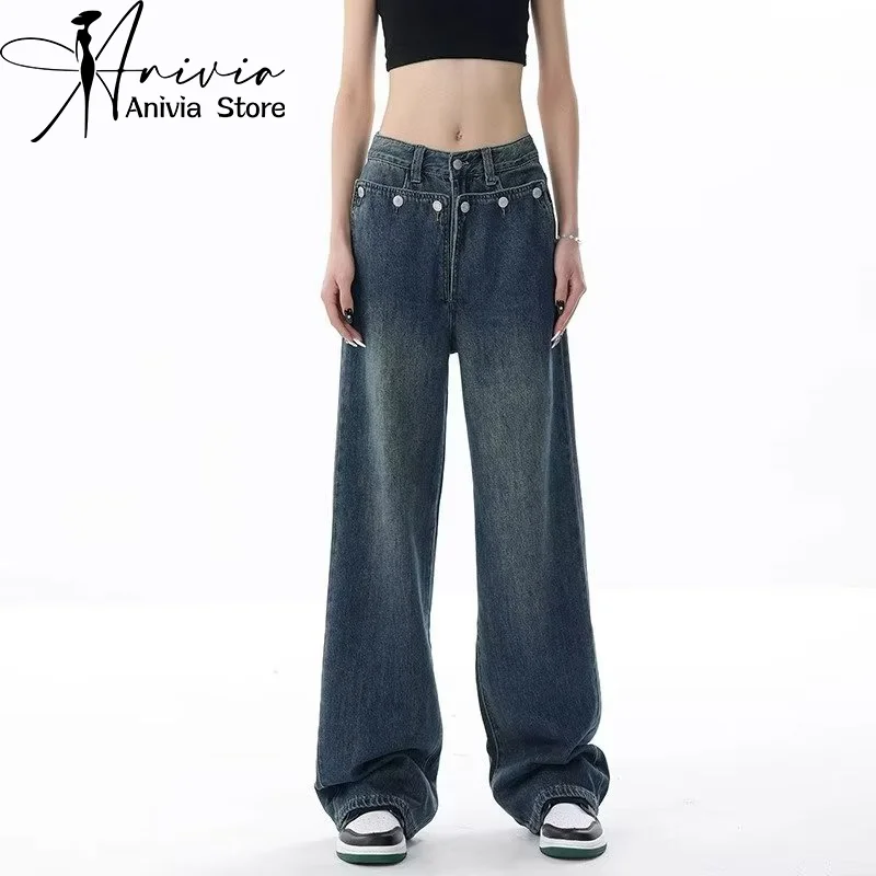 

Harajuku Streetwear Retro Fashion Women High Waist Jeans Design 2024 Wide Leg Straight Blue Loose Denim Trousers Y2K Baggy Pants