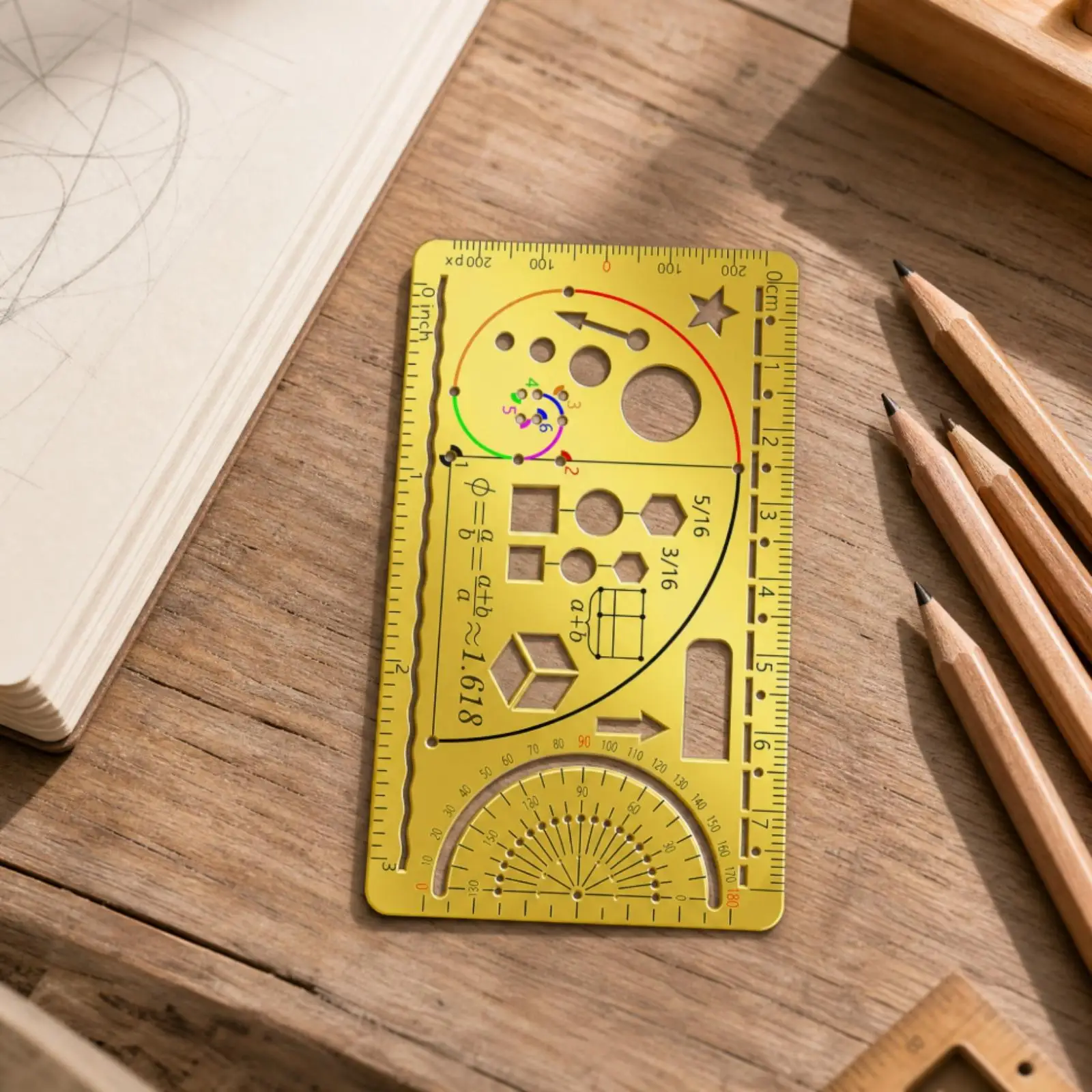 Lightweight Gold Drafting Stencil Ruler with Polygons and Arrows for Creative Office and School Projects