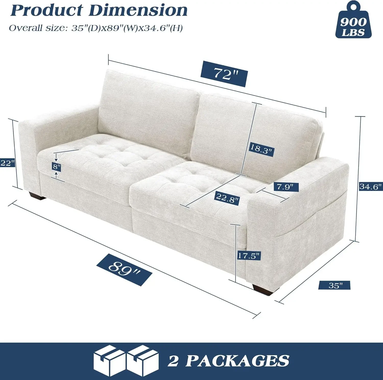 Modern 3 Seater Couch with Removable Covers and USB Ports, Large Chenille Comfy Sofa for Living Room