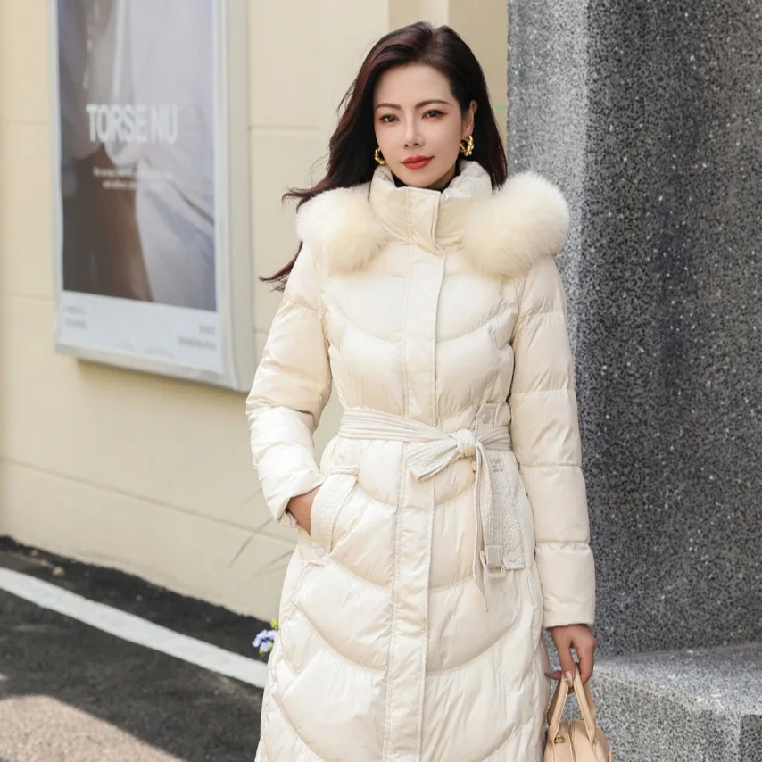 여성용 롱 다운 코트 폭스 퍼 칼라 패션 슬림 따뜻한 화이트 덕 페더 재킷