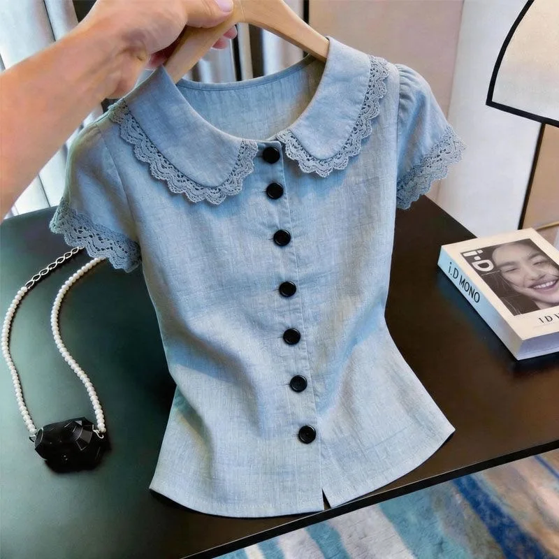 

Slim Fit Lace Patchwork Shirt Women's Fashionable New Style Single Button Doll Collar Top Commute Style Short Sleeve Color