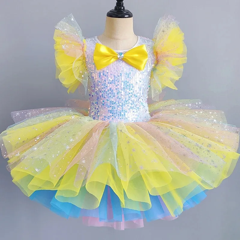 Crianças vestido de balé sete cores meninas crianças lantejoulas vestido de princesa ballet tutu danceclothes desempenho tutu saias