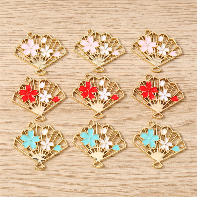 10 Stück 30 x 26 mm niedliche Emaille-Blumen-Fächer-Charms-Verbindungsanhänger für selbstgemachte Halsketten, Ohrringe, Schmuckherstellung, Zubehör – Detail 2