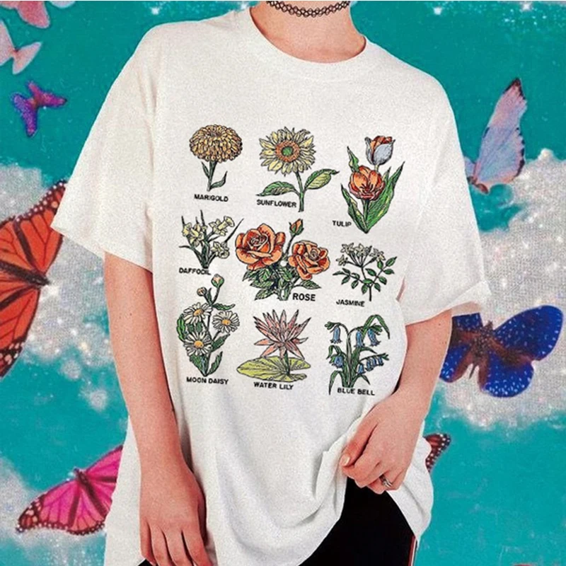 Vintage Wildflowers Floal Women T Shirt Cotton Retro Sunflowers Plant Graphic Tee Y2k Summer Fashion Womens T-shirt White Tops