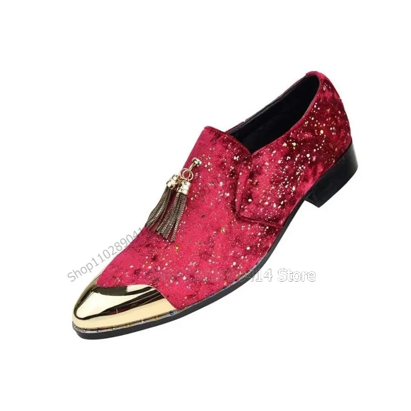 

Tassels Decor Metal Pointed Toe Giltter Loafers Fashion Slip On Men Shoes Luxury Handmade Party Banquet Wedding Men Dress Shoes