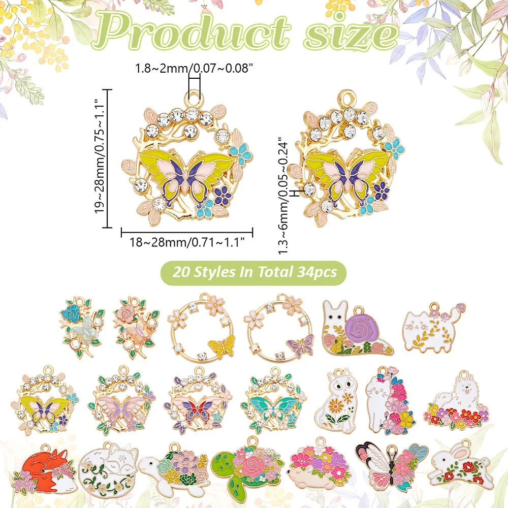 

26Pcs 20 Styles Alloy Enamel Pendants with Rhinestone Golden Mixed Shapes 18~28x19~29x1.5~6mm Hole: 1.8~2mm