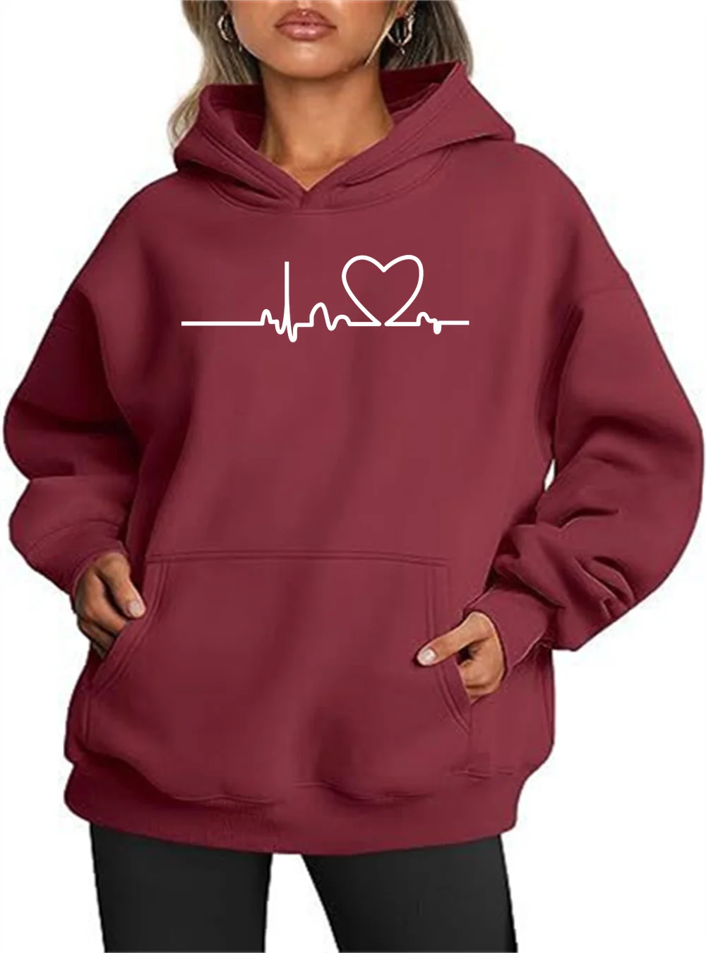 Chaopai 2024 New Product Women\'s Sweater Heartbeat Love Printed Hoodie New Autumn/Winter Sweater Warm and Comfortable