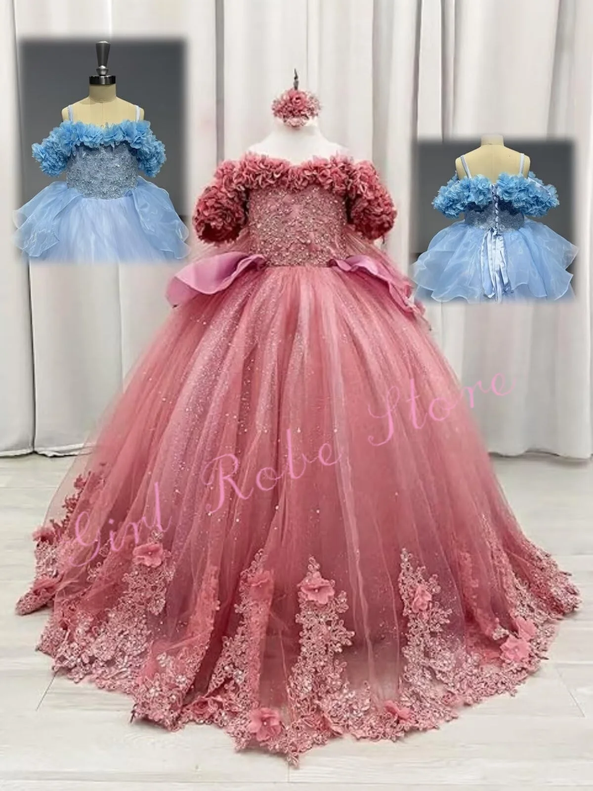 Customized Dusty Pink Flower Girl Drss Fow Wedding Fluffy Appliques Beading Strap Princess Quinceanera Birthday Pagant Ball Gown