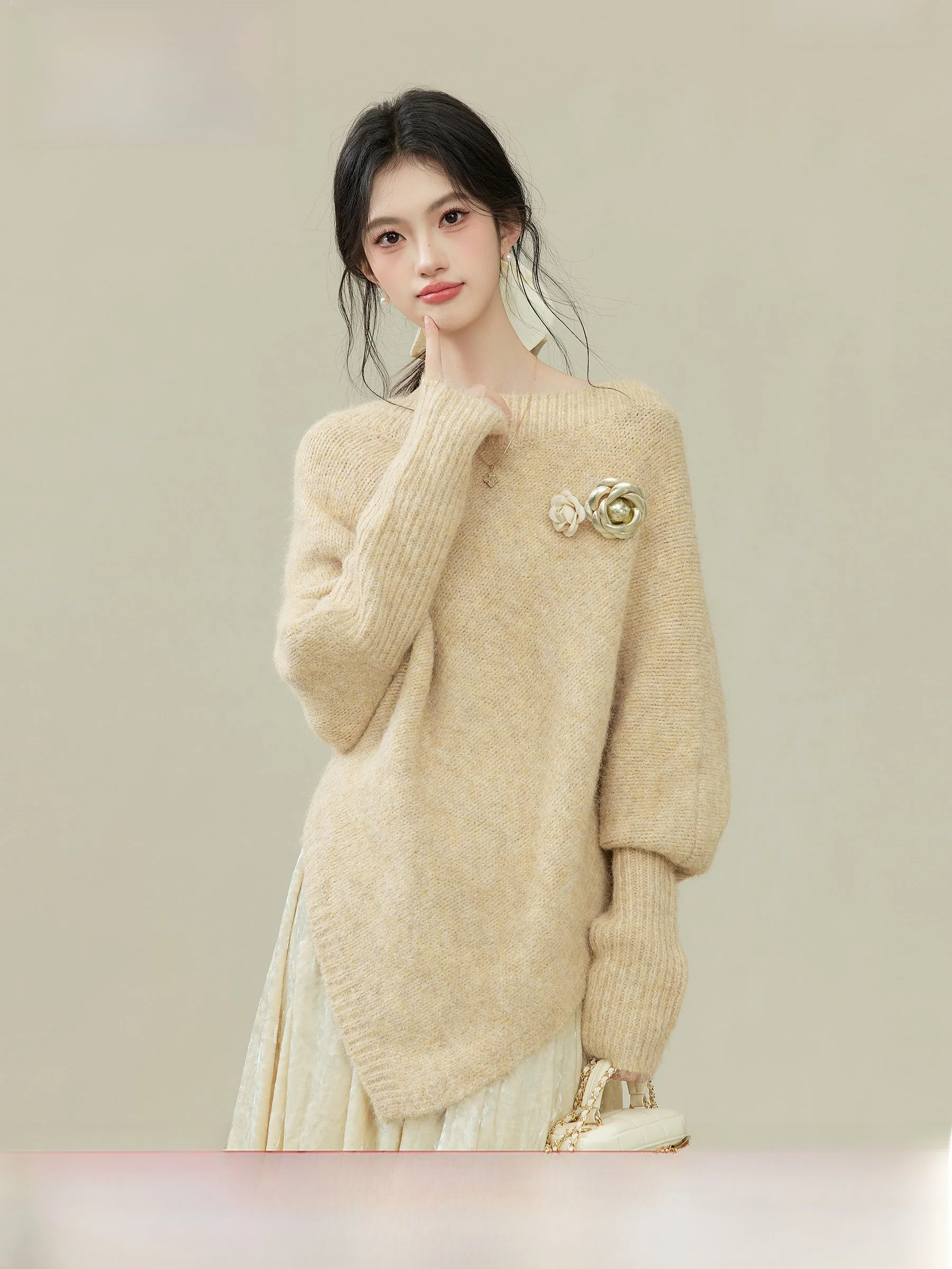 

Вязаный свитер Lingjiu Lazy Batwing Sve для женщин: свободный зимний кардиган с мягкими длинными рукавами и круглым вырезом, цветной