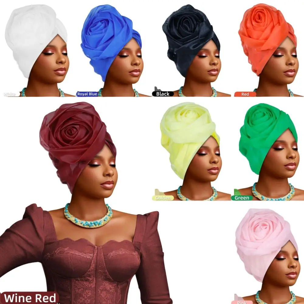 

Raw Silk African Turban Caps Headwear Big Rose Flower Head Wraps Lightweight Breathable Nigerian Wedding Geles Party Headgear