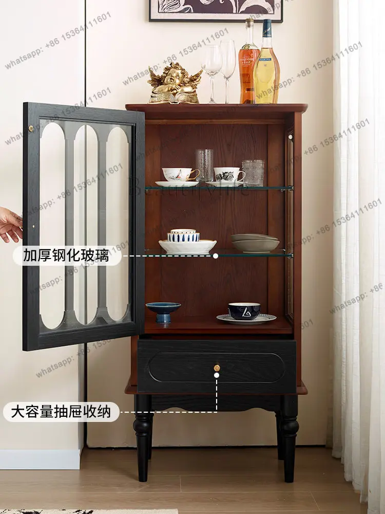 French retro solid wood glass wine cabinet shows American home against the wall