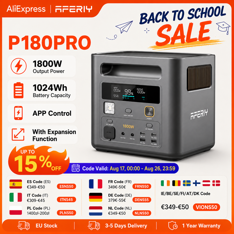 P180PRO Portable Power Station With Expansion Function ,1024Wh LiFePO4 Battery, 1800W Quick Charge AFERIY Solar Generator with App Control For Home Outdoor Camping