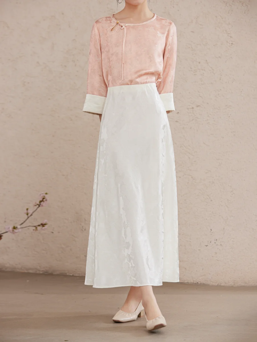 

Юбка ChuCheni с высокой талией, драпированная, жемчужно-белая, универсальная, в новом китайском стиле, повседневная, силуэт А-силуэт, смесь полиэстера