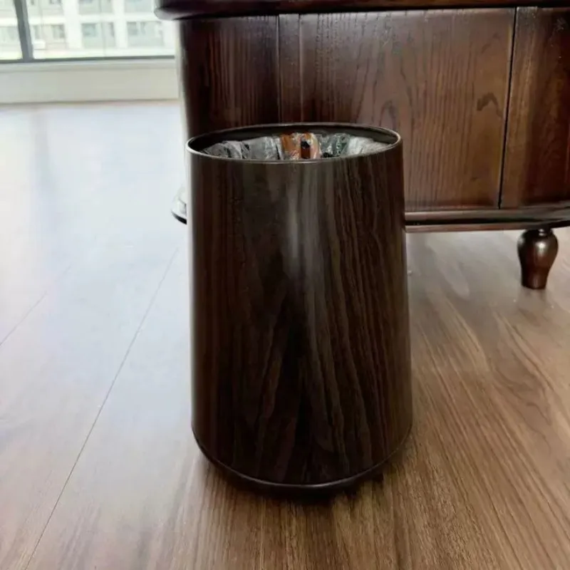 Black Walnut Wood Grain Trash Can, Luxury Living Room Waste Bin, High-End Decorative Paper Basket, Vintage Chinese Style Bin