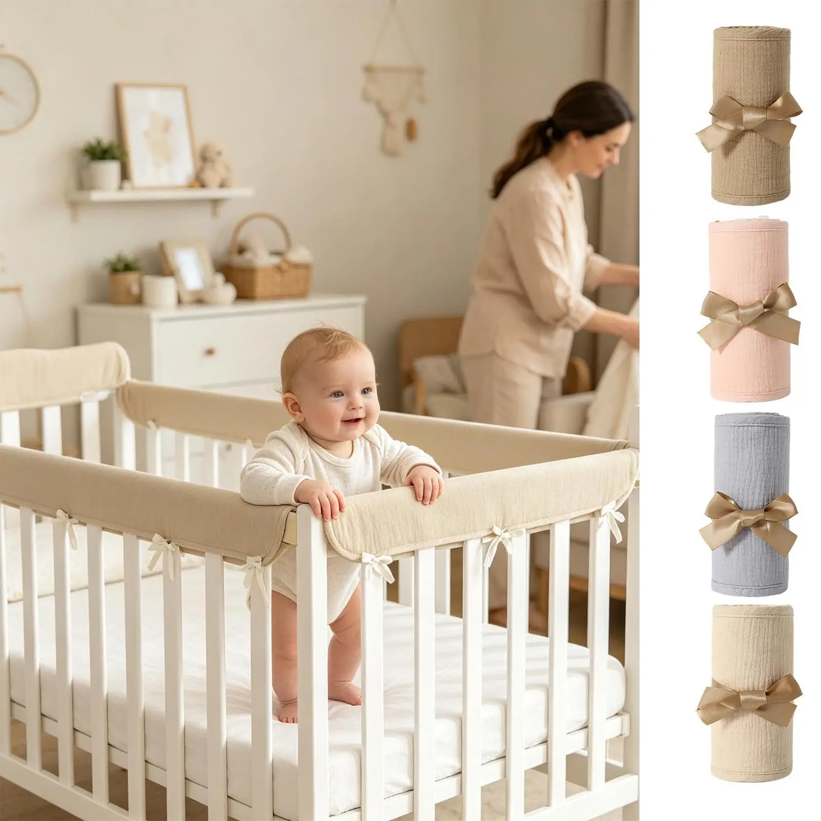Cot Rail Protector 2 Pieces Breathable Cotton Gauze Adjustable Straps Bed Edge Guard For Bedroom Living Room Warm Seasons Indoor