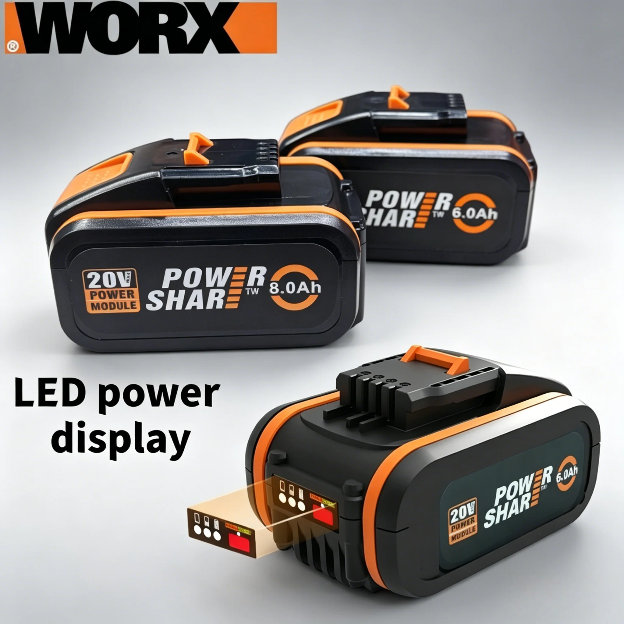 WORX 20V 4.0Ah 6.0Ah 8.0Ah PowerShare PRO Li-ion Battery, Replacement Battery for WORX 20V Cordless Power Tools