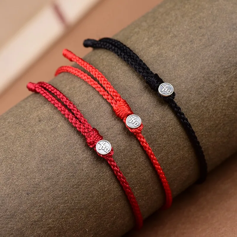 Red String Zodiac Year S925 Sterling Silver Auspicious Peace Buckle Wine Red Bracelet Lucky Hand Rope Original New Year Gift