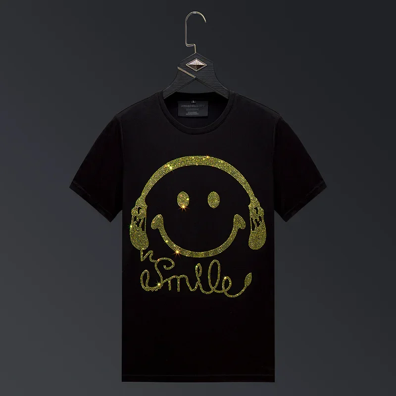 

Smile Face Rhinestones T Shirts Men Summer Clothes Fashion Streetwear O Neck Short Sleeve Thin Cotton T-shirts Camiseta Hombre